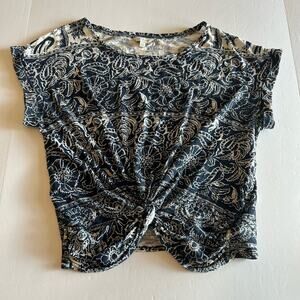 Lucky Brand Women's Stretch Paisley Floral Cap Sleeve Twist Front Blue Top Small